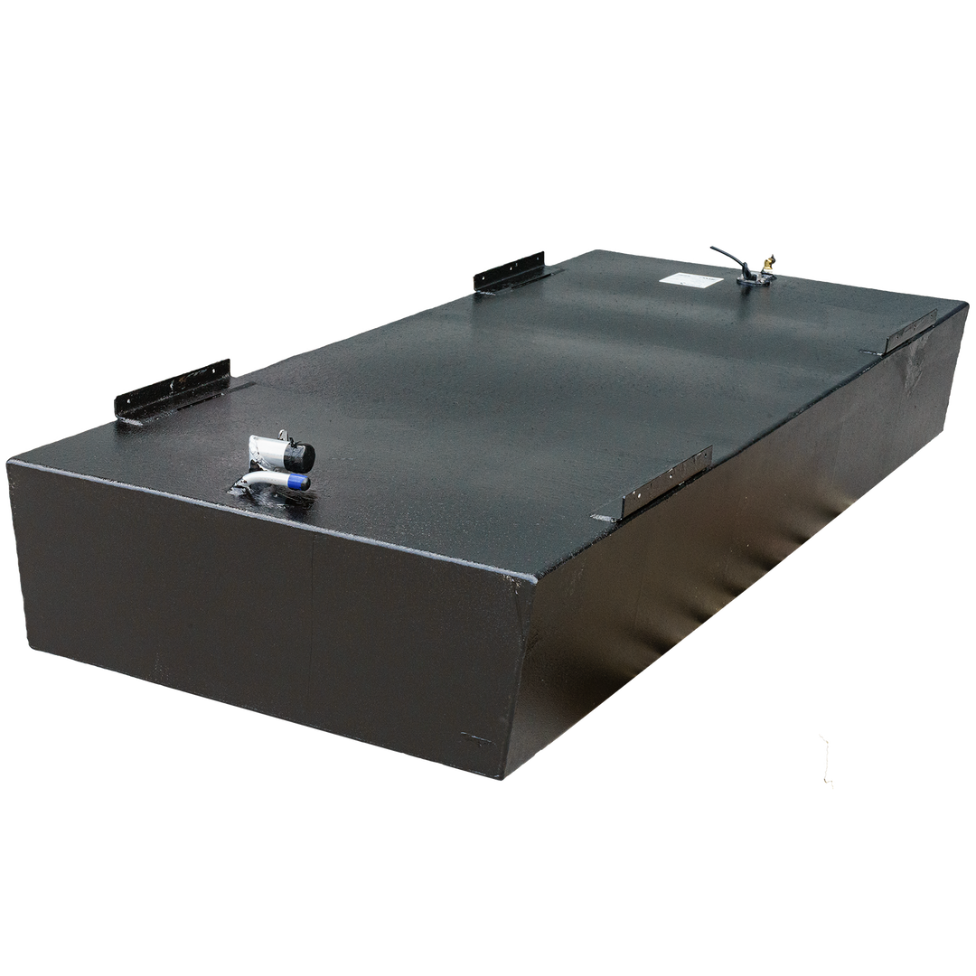 Angler 22-foot OEM replacement belly fuel tank with a 120-gallon capacity, featuring a sleek black design and fittings on top for fuel connections