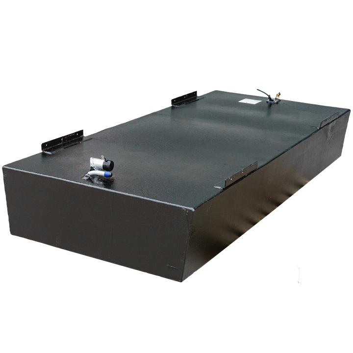 Angler 22-foot OEM replacement belly fuel tank with a 120-gallon capacity, featuring a sleek black design and fittings on top for fuel connections