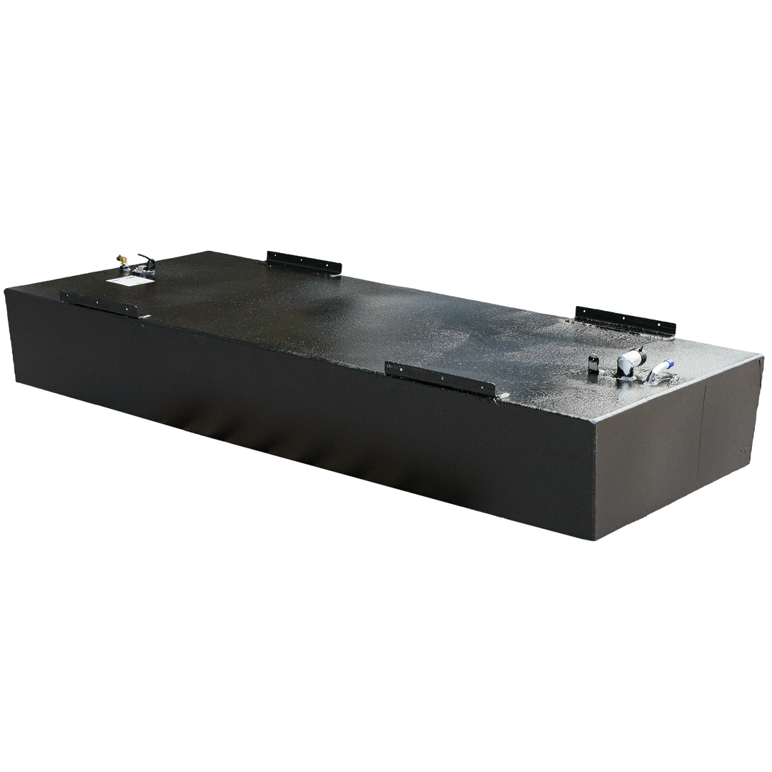 Angler 22-foot OEM replacement belly fuel tank with a 120-gallon capacity, featuring a sleek black design and multiple connection points