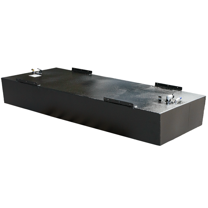 Angler 22-foot OEM replacement belly fuel tank with a 120-gallon capacity, featuring a sleek black design and multiple connection points