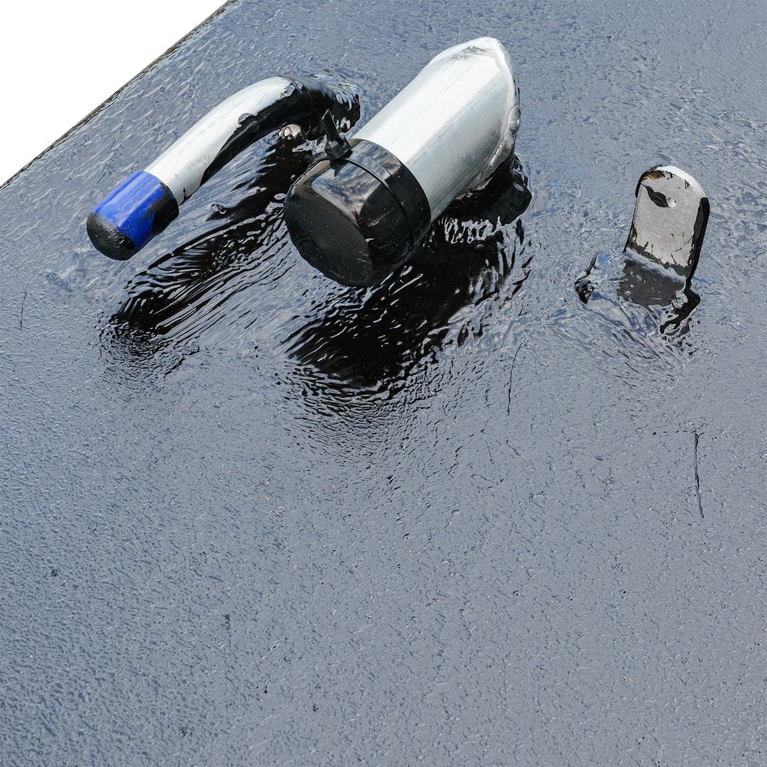 Close-up of an Angler 22' OEM replacement belly fuel tank with a fuel fill neck and a mounting bracket, resting on a reflective surface