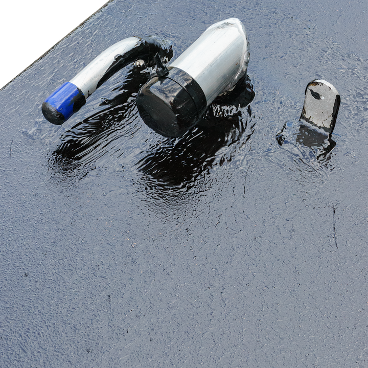 Close-up of an Angler 22' OEM replacement belly fuel tank with a fuel fill neck and a mounting bracket, resting on a reflective surface
