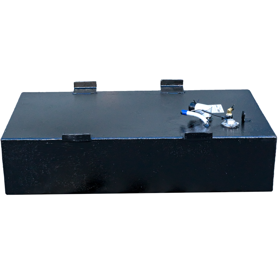 A side profile view of a rectangular, black-coated boat fuel tank set against a checkered background. Four black mounting tabs are visible on the top edges of the tank's front and rear faces. A dense cluster of fuel fittings, including a sending unit, a valve with a white handle, and a curved white pipe, is grouped together on the right side of the top surface