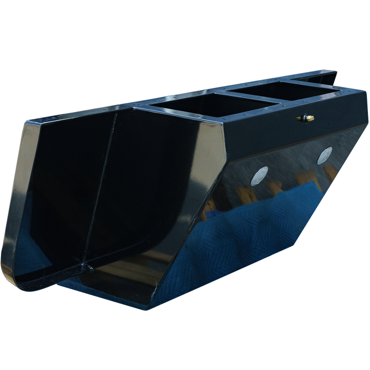 A close-up view of the Apex Mk. II Black Edition Twin Engine Bracket, featuring a sleek black finish and a robust design with three compartments. The bracket is shown against a transparent background, highlighting its angular shape and smooth surface