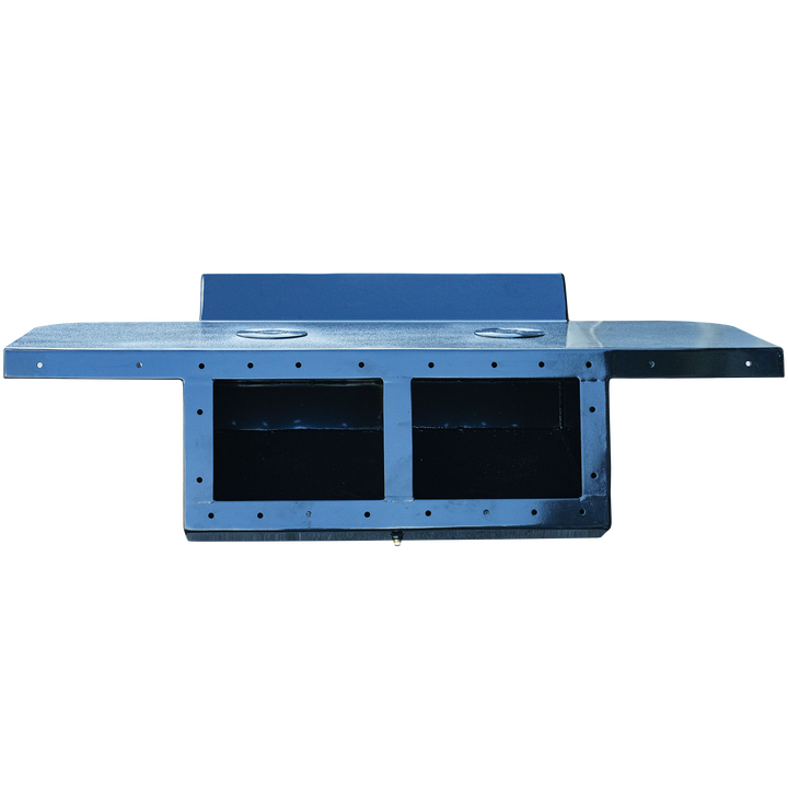 A custom-built high flotation single outboard engine bracket, featuring a sturdy metal construction with two rectangular cutouts and multiple mounting holes along the edges, designed for enhanced stability and support. The bracket is shown against a transparent background