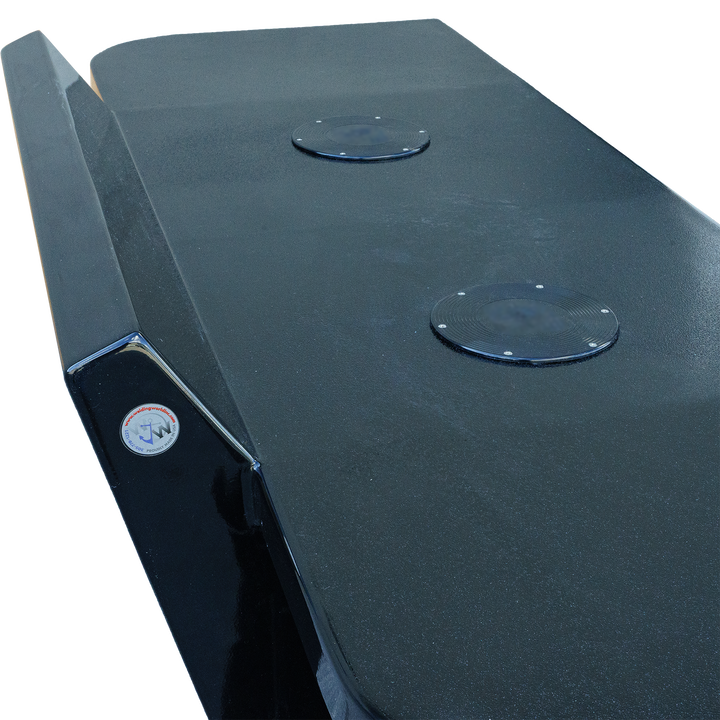 Close-up view of the Apex Mk. II Black Edition Twin Engine Bracket, featuring a sleek black surface with two circular mounting plates and a logo on the side. The background is transparent, highlighting the bracket's design and finish