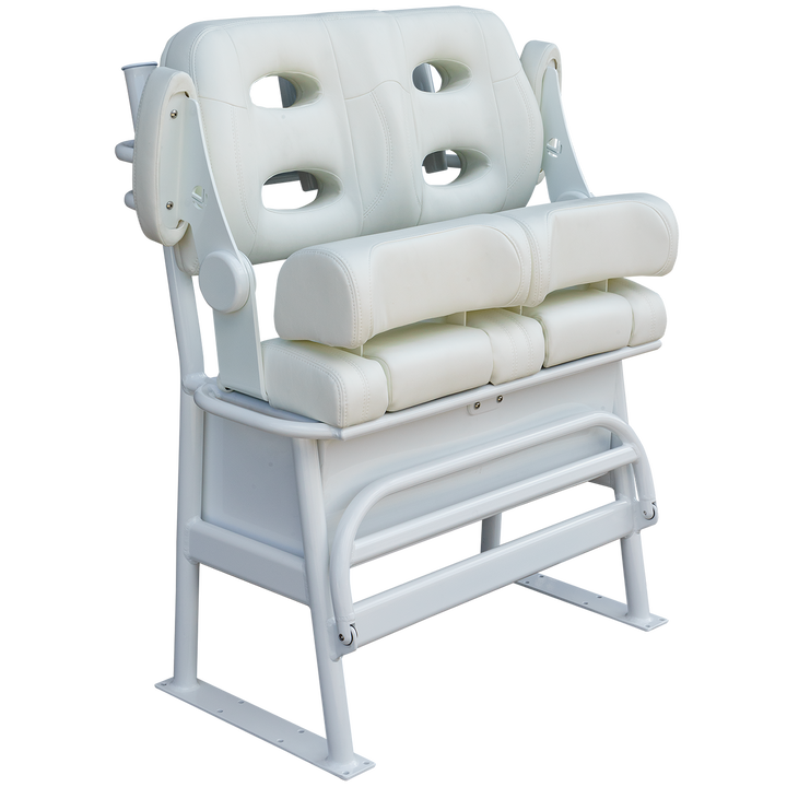 A white, cushioned boat seat designed for comfort and durability, featuring a high backrest and armrests. The seat measures 38 inches in width, 47 inches in height, and 18 inches in depth. It has an overall width of 43.25 inches, a front-to-back depth of 28.5 inches, and each side handle measures 2.75 inches in width. The seat is mounted on a sturdy frame, suitable for long-haul use