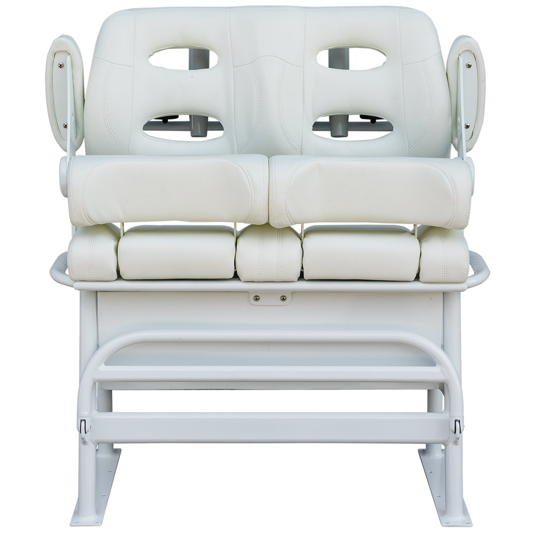 A front view of a white, cushioned boat seat with two cut-out armrests, designed for comfort and support. The seat features a sturdy metal frame and is suitable for long-haul use, ideal for fishing or recreational boating