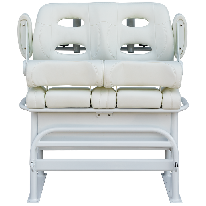 A front view of a white, cushioned boat seat with two cut-out armrests, designed for comfort and support. The seat features a sturdy metal frame and is suitable for long-haul use, ideal for fishing or recreational boating