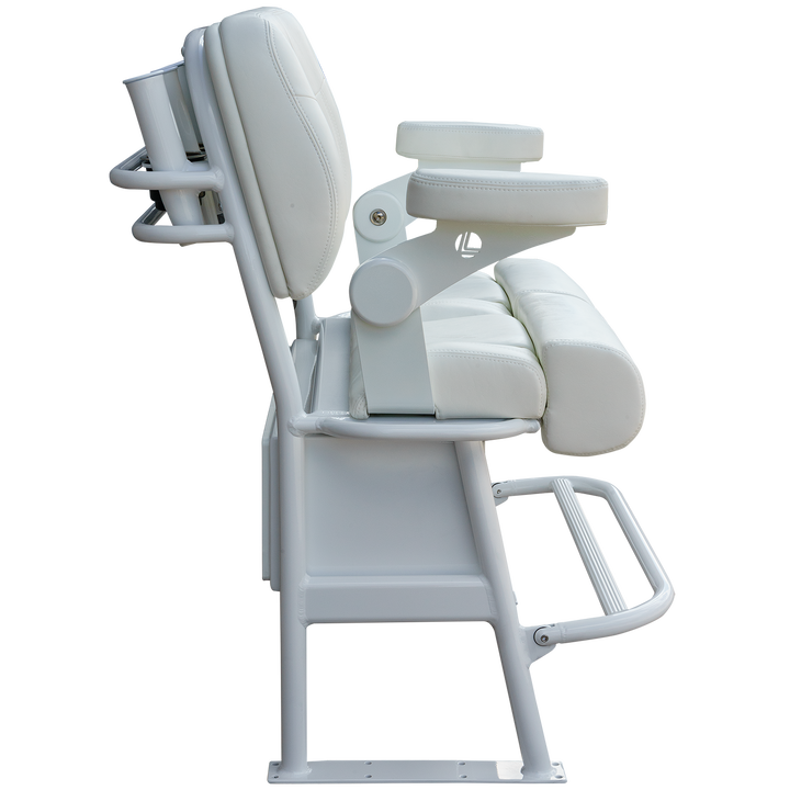 A side view of a 38-inch Super Stinger Long Haul Fixie C-Spec chair, featuring a sleek white design with padded seating and armrests, mounted on a sturdy metal frame. The chair is designed for comfort and durability, ideal for long periods of use