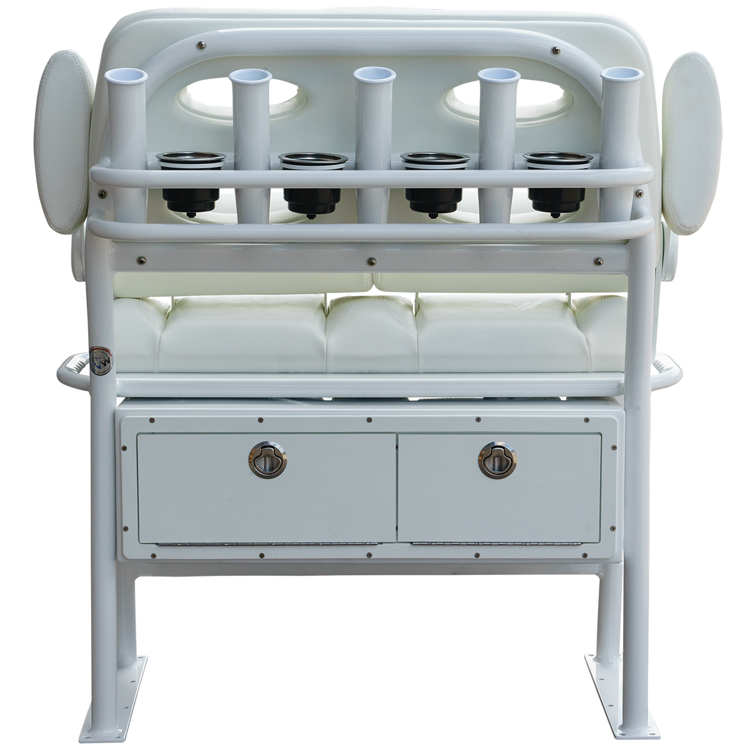 A white 38-inch Super Stinger Long Haul Fixie C-Spec boat seat featuring a padded cushion, multiple cup holders, and two storage drawers at the bottom. The seat has a sleek design with a sturdy frame and is suitable for long-haul boating