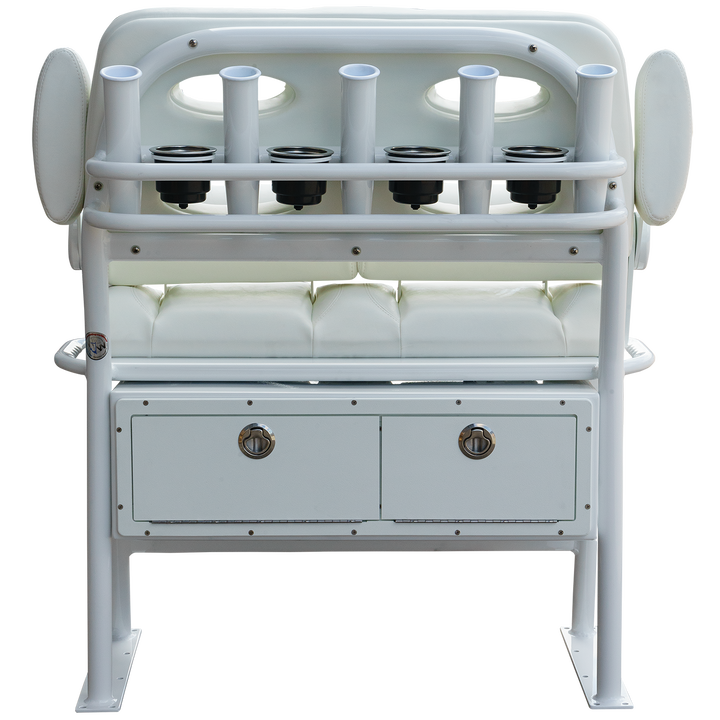 A white 38-inch Super Stinger Long Haul Fixie C-Spec boat seat featuring a padded cushion, multiple cup holders, and two storage drawers at the bottom. The seat has a sleek design with a sturdy frame and is suitable for long-haul boating