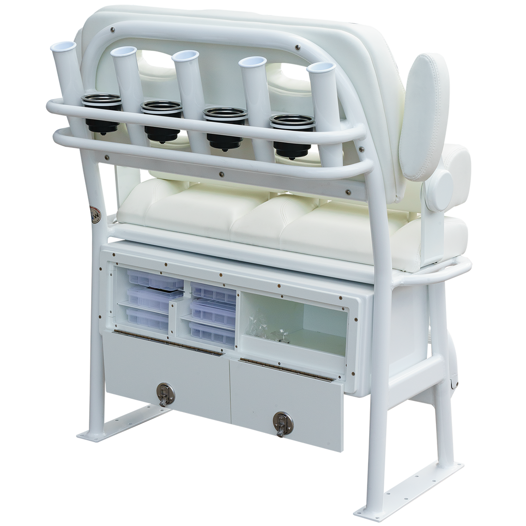 Alt Text: A white, modern fishing boat seat with a sturdy frame, featuring five cup holders and storage compartments below. The seat has a cushioned backrest and is designed for comfort and functionality during long fishing trips