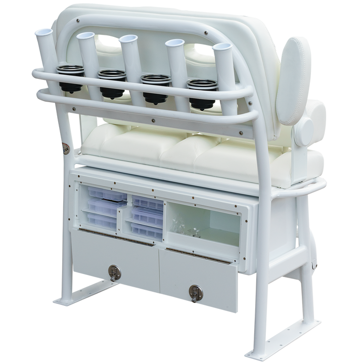 Alt Text: A white, modern fishing boat seat with a sturdy frame, featuring five cup holders and storage compartments below. The seat has a cushioned backrest and is designed for comfort and functionality during long fishing trips
