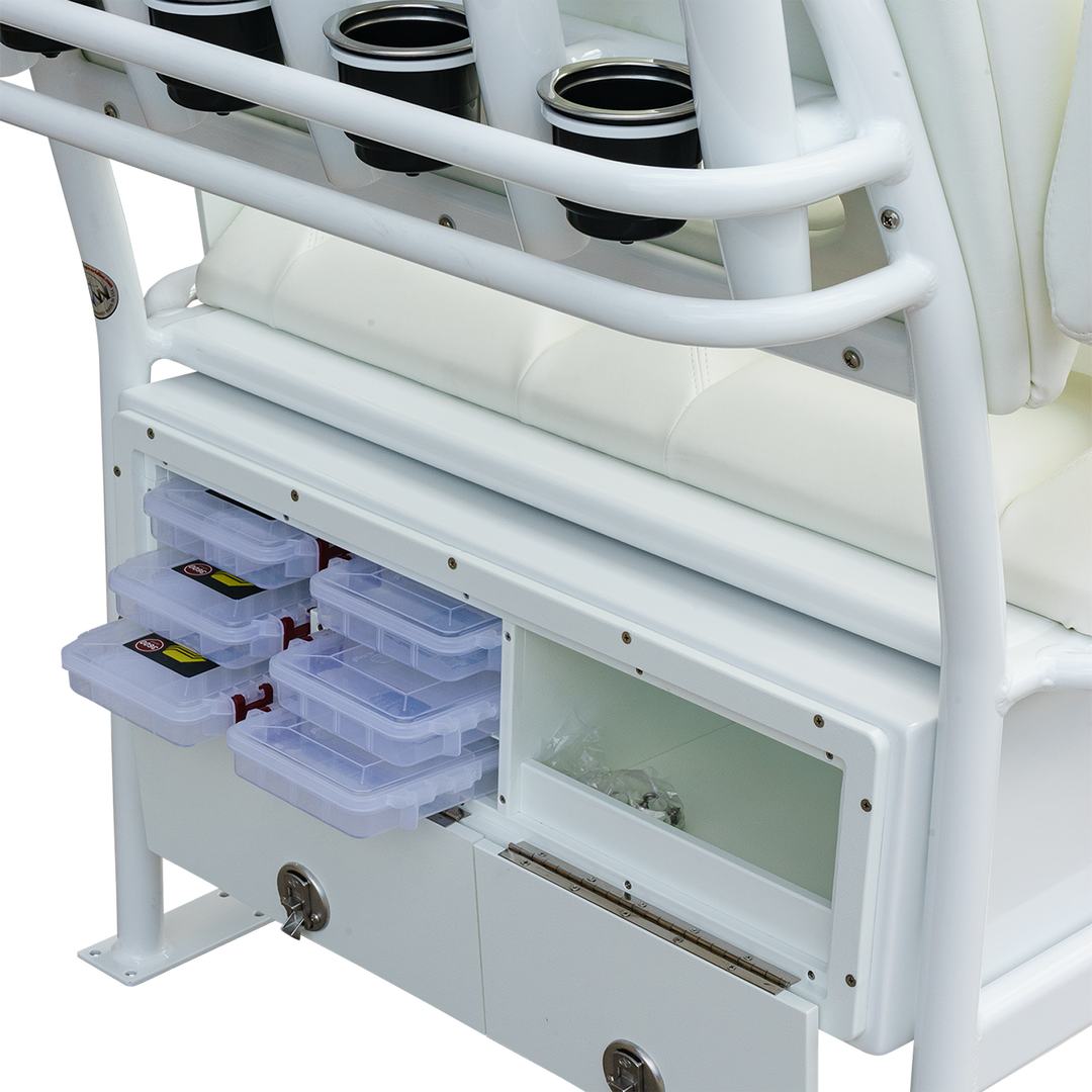 A close-up view of the storage compartment of a 38" Super Stinger Long Haul Fixie C-Spec, featuring a white frame with multiple cup holders and clear plastic storage boxes neatly organized in a drawer below. The compartment is designed for easy access to fishing gear or other supplies