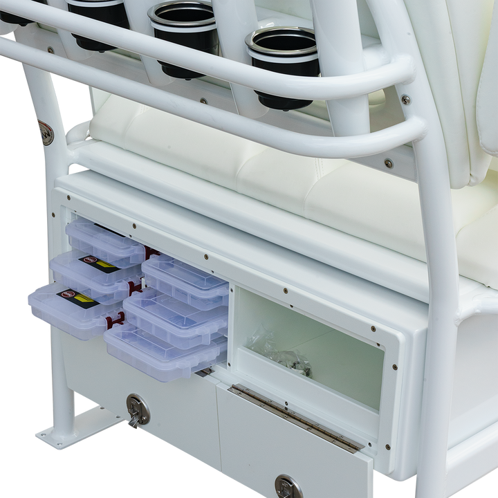 A close-up view of the storage compartment of a 38" Super Stinger Long Haul Fixie C-Spec, featuring a white frame with multiple cup holders and clear plastic storage boxes neatly organized in a drawer below. The compartment is designed for easy access to fishing gear or other supplies