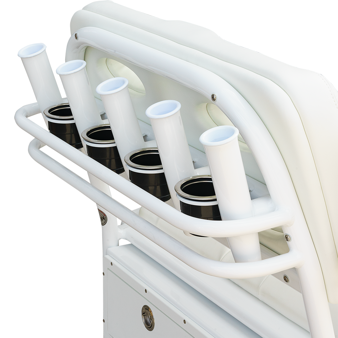 A close-up view of the rear section of a 38" Super Stinger Long Haul Fixie C-Spec, featuring a white frame with six vertical rod holders, designed for fishing or outdoor activities. The holders are cylindrical and black on the inside, mounted on a sturdy white rack