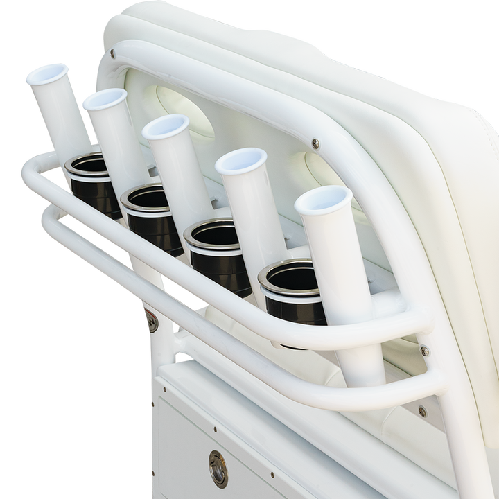 A close-up view of the rear section of a 38" Super Stinger Long Haul Fixie C-Spec, featuring a white frame with six vertical rod holders, designed for fishing or outdoor activities. The holders are cylindrical and black on the inside, mounted on a sturdy white rack