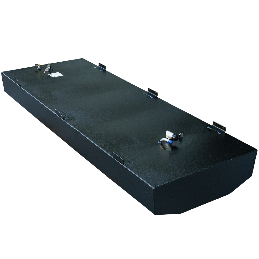 A long, black, rectangular fuel tank with a rounded corner, mounting brackets, and various fittings on its textured top surface, against a checkered background