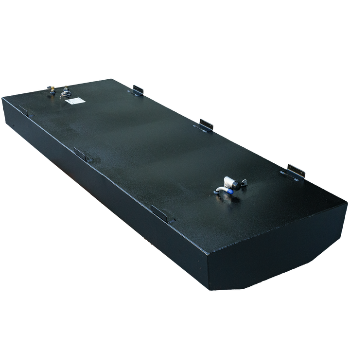 A long, black, rectangular fuel tank with a rounded corner, mounting brackets, and various fittings on its textured top surface, against a checkered background