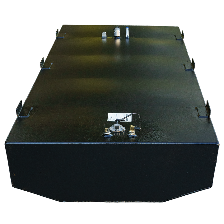 A long, black, rectangular fuel tank with a rounded corner, mounting brackets, and various fittings on its textured top surface, against a checkered background