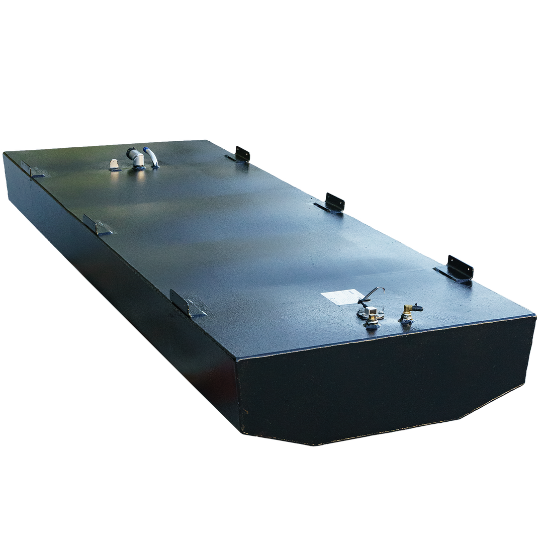 A long, black, rectangular fuel tank with a rounded corner, mounting brackets, and various fittings on its textured top surface, against a checkered background