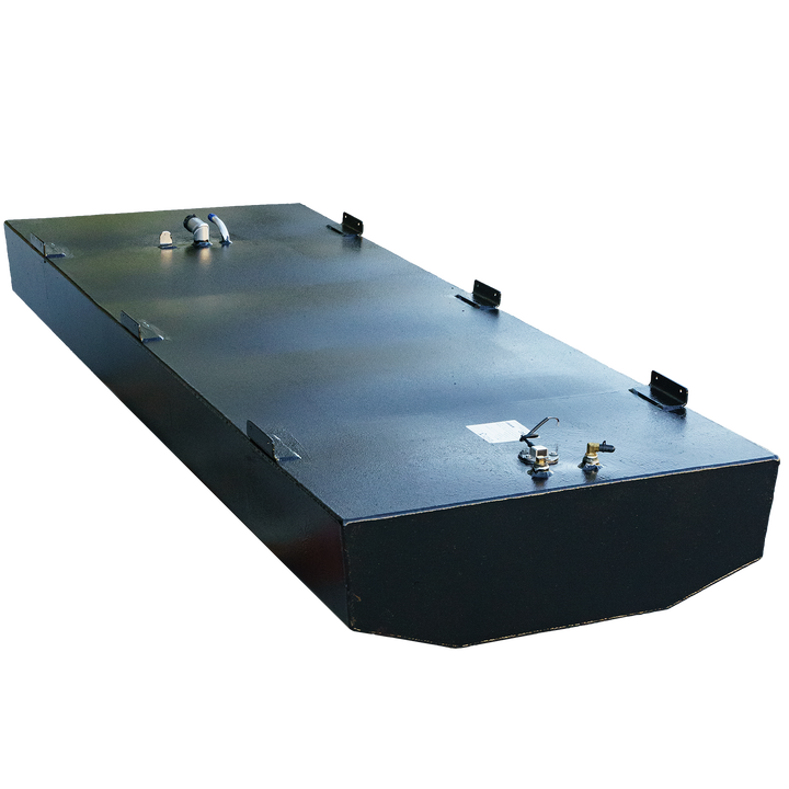 A long, black, rectangular fuel tank with a rounded corner, mounting brackets, and various fittings on its textured top surface, against a checkered background