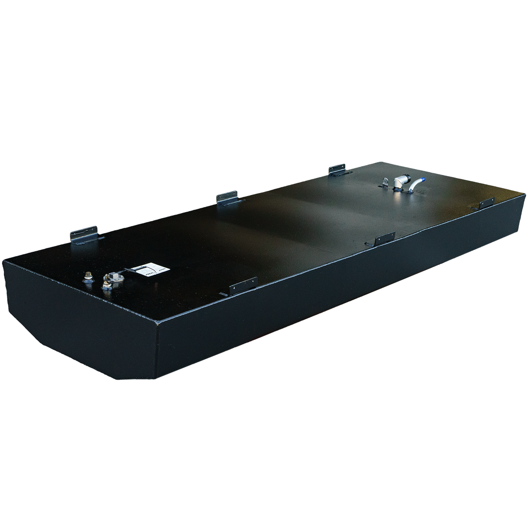 A long, black, rectangular fuel tank with a rounded corner and various top-mounted fittings, designed as an OEM replacement belly tank for an Angler Pro 23' 2006
