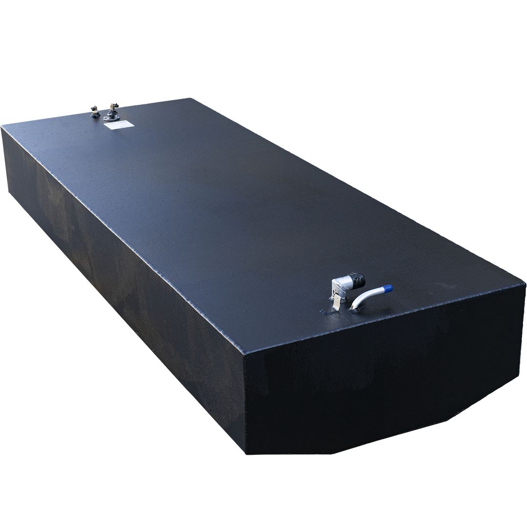 200-gallon aluminum belly fuel tank designed for the Ocean Master 33 center console boat. Rectangular in shape and finished in matte black, the tank features dual top-mounted fittings for fuel supply and return lines, positioned for optimized routing within the hull cavity. Built from .190″ 5052-H32 marine-grade aluminum, the unit is fabricated to meet ABYC and U.S. Coast Guard compliance standards. Compact footprint and flat geometry support direct OEM replacement and balanced weight distribution.