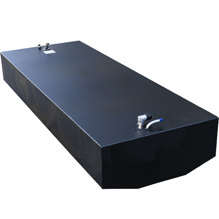 200-gallon aluminum belly fuel tank designed for the Ocean Master 33 center console boat. Rectangular in shape and finished in matte black, the tank features dual top-mounted fittings for fuel supply and return lines, positioned for optimized routing within the hull cavity. Built from .190″ 5052-H32 marine-grade aluminum, the unit is fabricated to meet ABYC and U.S. Coast Guard compliance standards. Compact footprint and flat geometry support direct OEM replacement and balanced weight distribution.