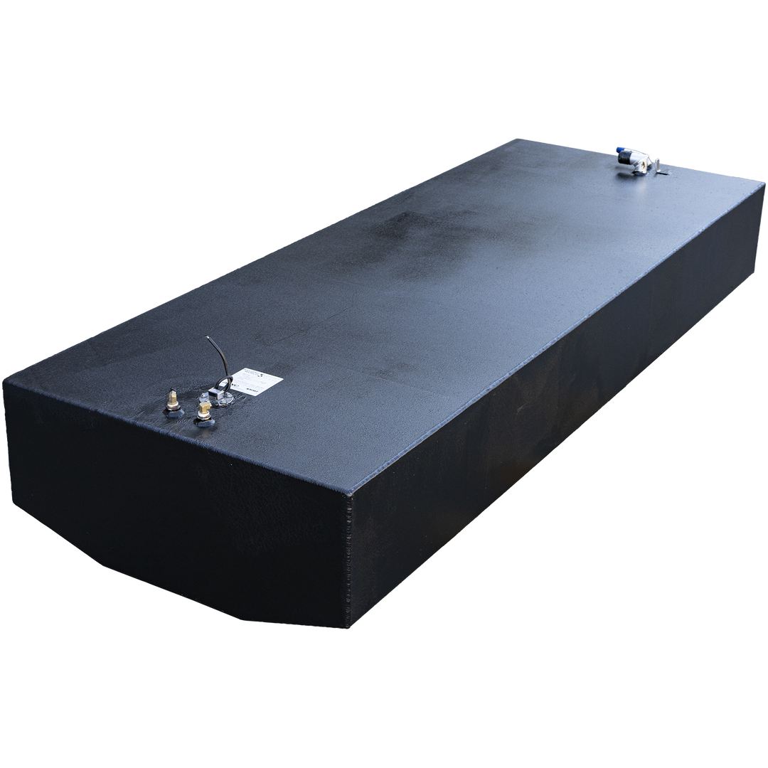 200-gallon aluminum belly fuel tank for the Ocean Master 33, finished in matte black and designed for under-deck installation. Top-mounted hardware includes dual brass return fittings, a capped shutoff valve with blue handle, an electrical sender unit with an attached black wire, and a centrally placed compliance label. The tank's rectangular profile, clean top geometry, and isolated background confirm readiness for OEM integration, system routing, and visual inspection