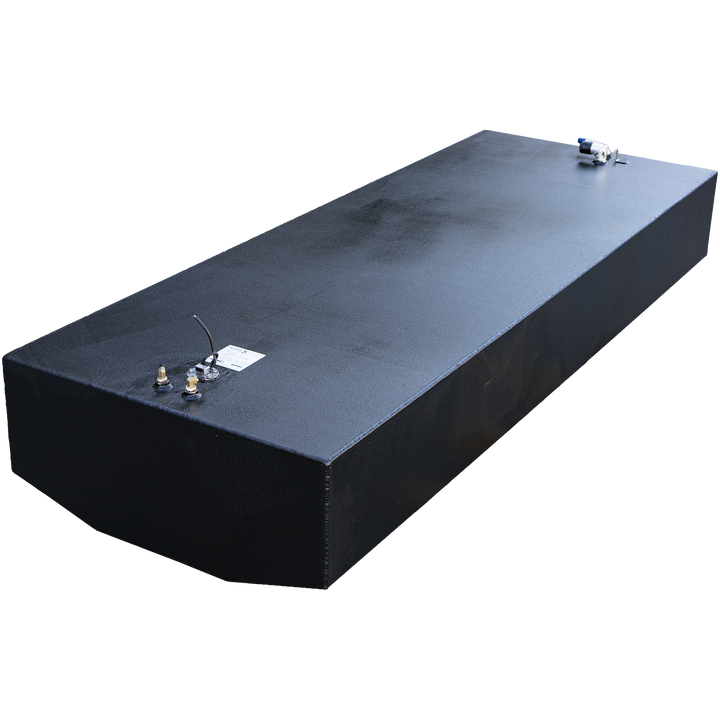 200-gallon aluminum belly fuel tank for the Ocean Master 33, finished in matte black and designed for under-deck installation. Top-mounted hardware includes dual brass return fittings, a capped shutoff valve with blue handle, an electrical sender unit with an attached black wire, and a centrally placed compliance label. The tank's rectangular profile, clean top geometry, and isolated background confirm readiness for OEM integration, system routing, and visual inspection