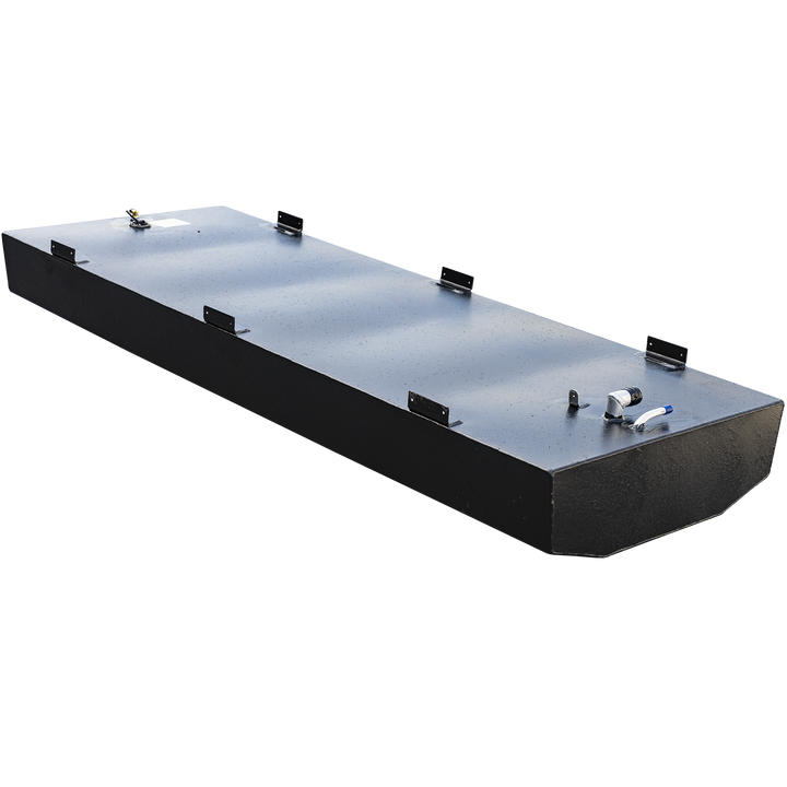 Black, rectangular OEM replacement belly fuel tank with various fittings on top, shown against a checkered background