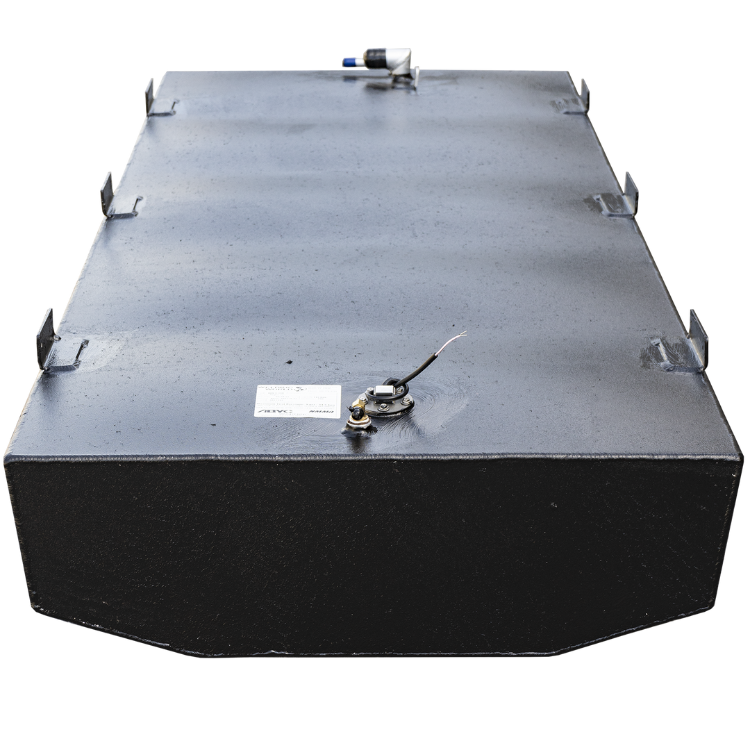 Black, rectangular fuel tank with various fittings and mounting brackets on top, presented against a checkered background