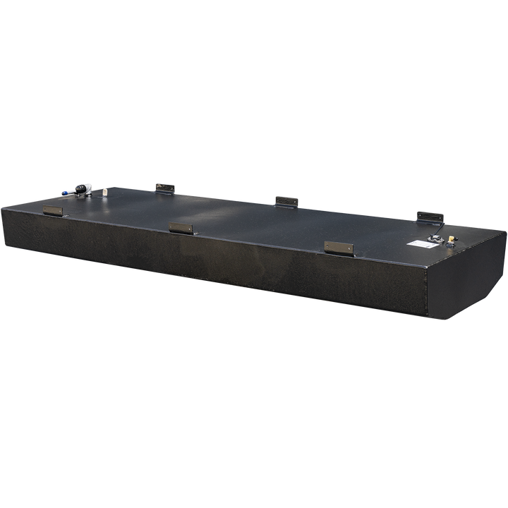 Long, black, rectangular fuel tank with multiple metal brackets and various plumbing fixtures on its top surface, set against a checkered background