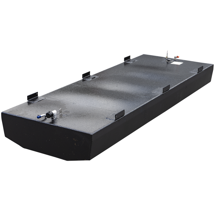 A black, rectangular, OEM replacement belly fuel tank with a textured surface, designed for an Angler 220 2002 and holding 114 gallons net. The tank has several mounting brackets along its top edges, and various metal fittings on top, including a white and blue hose connection, two small golden posts, and a circular gauge with wires and a white label