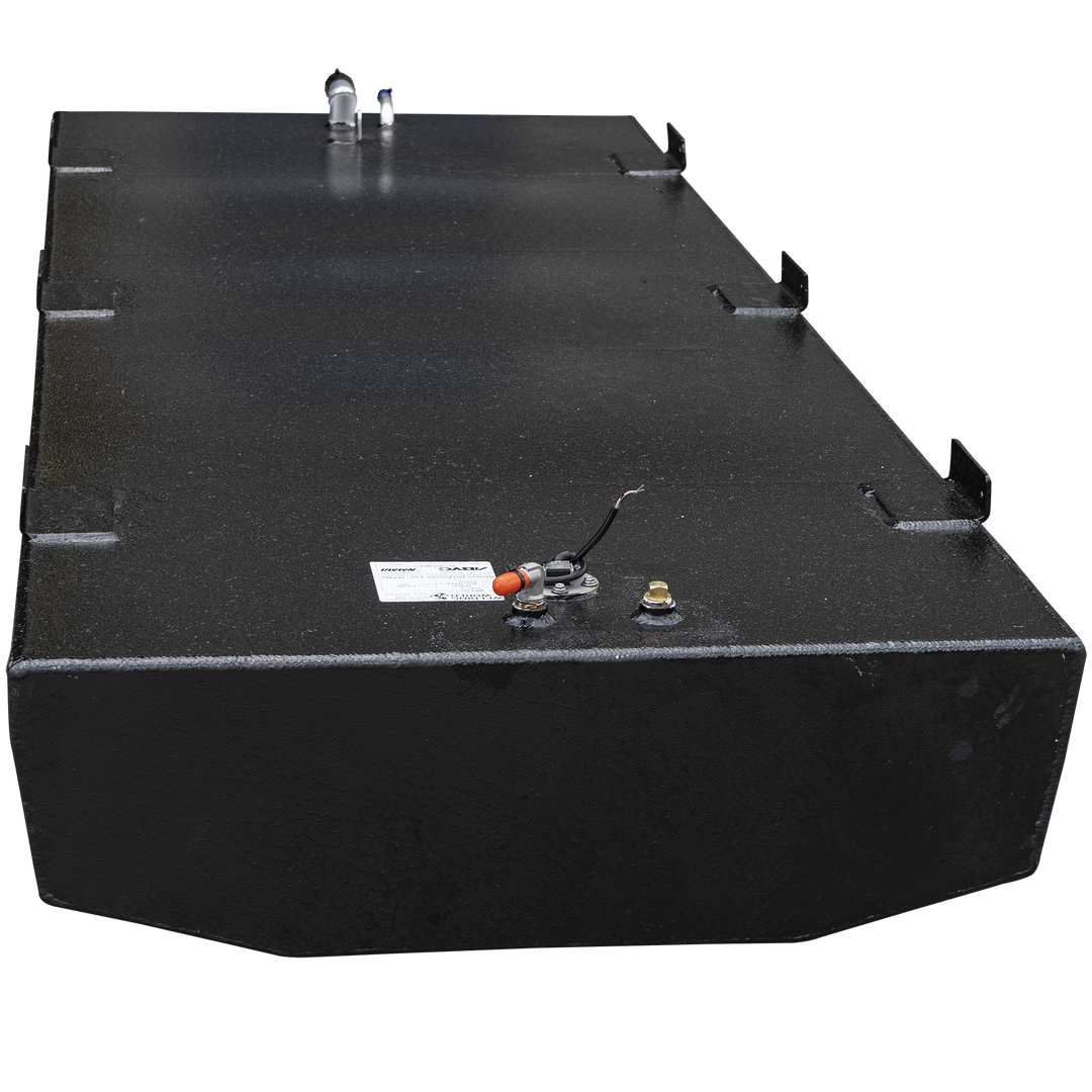 A long, rectangular, black fuel tank with a textured surface, shown from a slightly elevated perspective. It has several mounting brackets along its edges. Various metal fittings are visible on its top, including a hose with a blue cap, a small post, a sensor with a red cap and exposed wires, and a small golden-colored post. The bottom of the tank has a curved, tapered shape