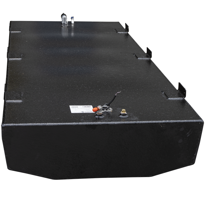 A long, rectangular, black fuel tank with a textured surface, shown from a slightly elevated perspective. It has several mounting brackets along its edges. Various metal fittings are visible on its top, including a hose with a blue cap, a small post, a sensor with a red cap and exposed wires, and a small golden-colored post. The bottom of the tank has a curved, tapered shape