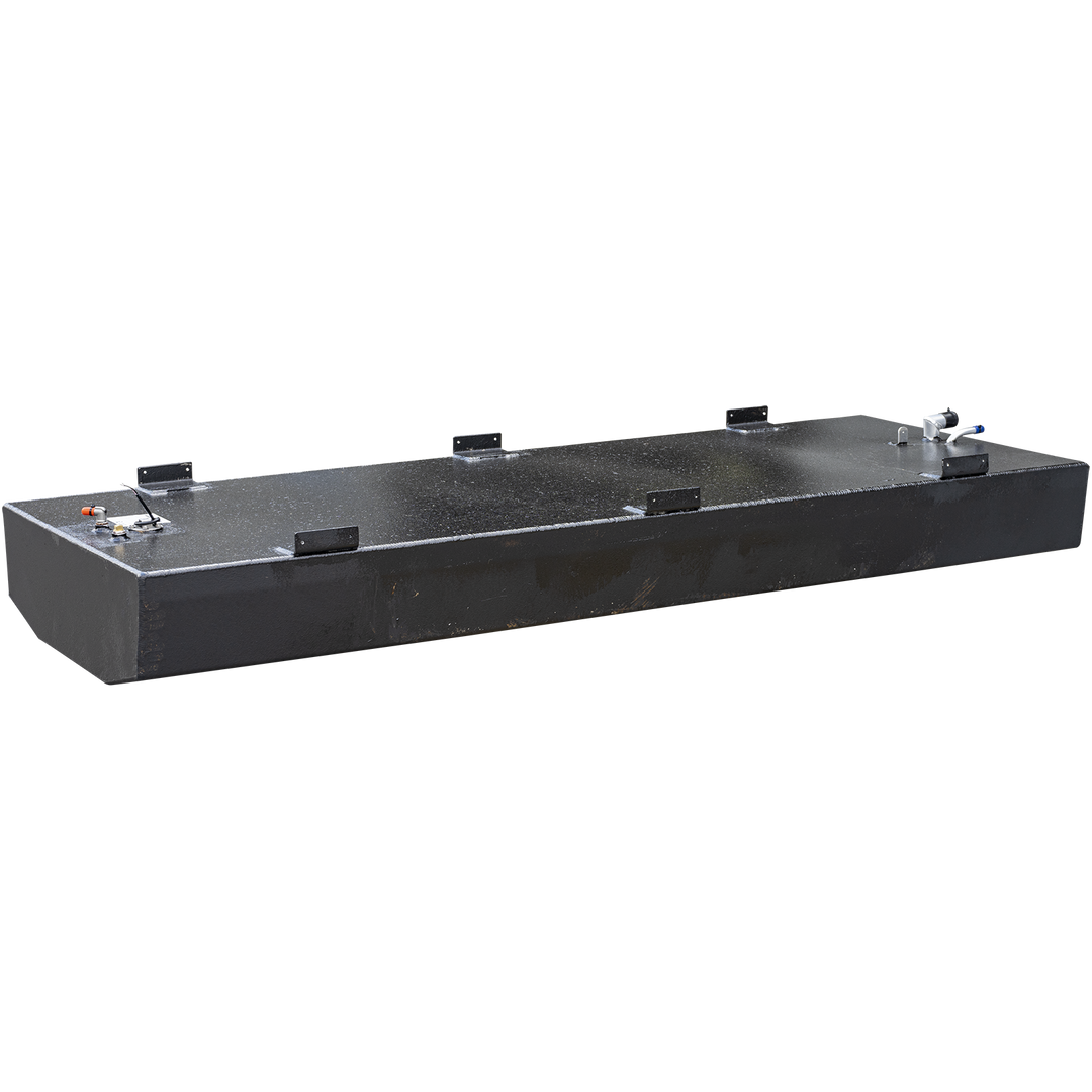 A long, rectangular, black fuel tank with a textured surface, shown from a slightly elevated perspective against a checkered background. It has multiple L-shaped mounting brackets along its top edges. Various fittings and ports are visible on its top surface, including a hose with a blue cap, a small post, a sensor with an orange cap and exposed wires, and a small white label