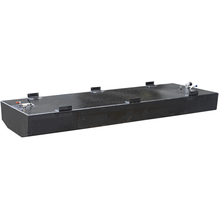 A long, rectangular, black fuel tank with a textured surface, shown from a slightly elevated perspective against a checkered background. It has multiple L-shaped mounting brackets along its top edges. Various fittings and ports are visible on its top surface, including a hose with a blue cap, a small post, a sensor with an orange cap and exposed wires, and a small white label