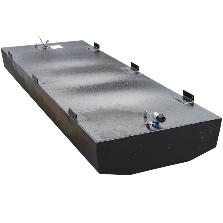 A long, rectangular, black fuel tank with a textured surface, shown from a slightly elevated perspective against a checkered background. It has several L-shaped mounting brackets along its top edges. Various fittings and ports are visible on its top surface, including a hose with a blue cap, a small post, a sensor with a red cap and exposed wires, and a small white label. The bottom of the tank has a curved, tapered shape