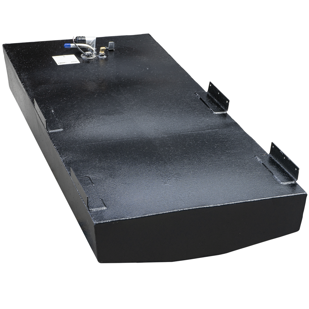 A black-coated boat fuel tank with a rounded front bottom edge, viewed from a high three-quarter angle against a checkered background. The tank features four distinctive C-channel style mounting brackets welded to its top edges. On the top surface near the rear, a fuel sending unit assembly with a white electrical connector and a label are visible