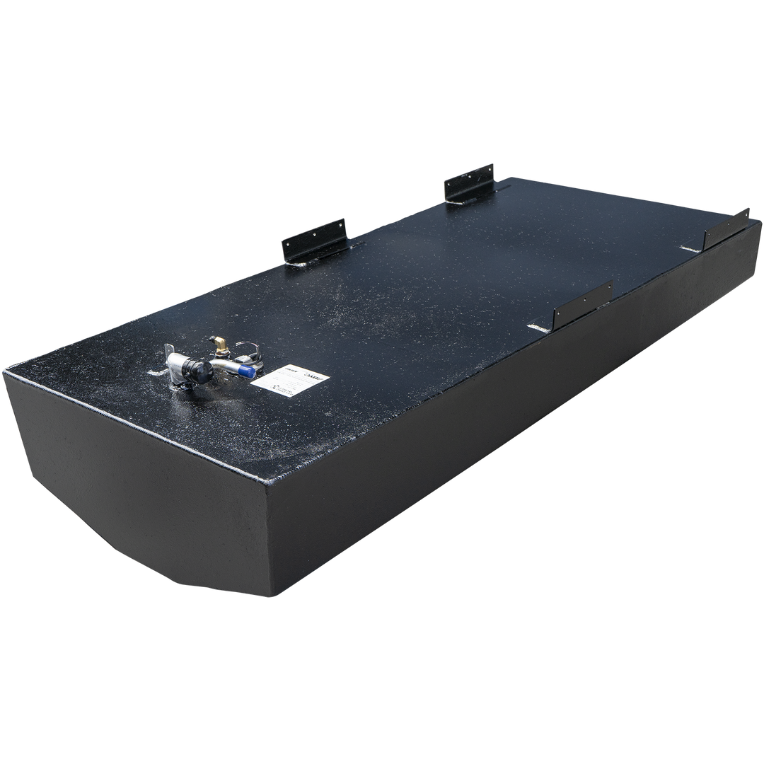 A black-coated boat fuel tank with a wide, rounded front end, viewed from a high three-quarter angle against a checkered background. The belly-style tank features four black mounting tabs welded along its top edges. A fuel valve assembly and a white label are visible on the top surface near the front