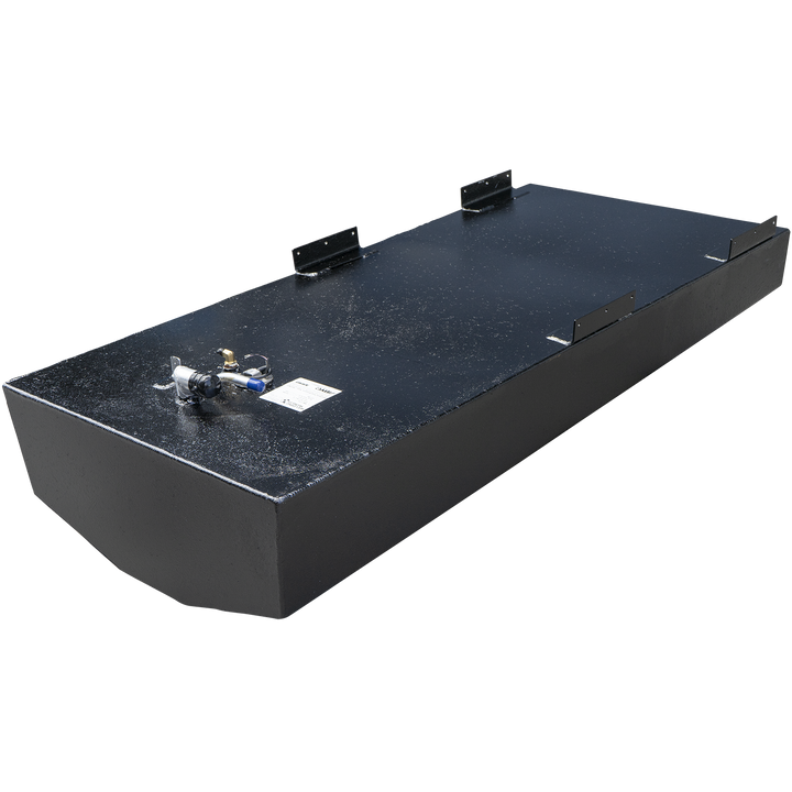 A black-coated boat fuel tank with a wide, rounded front end, viewed from a high three-quarter angle against a checkered background. The belly-style tank features four black mounting tabs welded along its top edges. A fuel valve assembly and a white label are visible on the top surface near the front