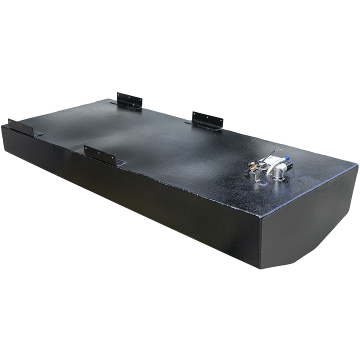 A black-coated boat fuel tank with a rounded front bottom edge, viewed from a high, rear three-quarter angle against a checkered background. The tank features four black mounting brackets welded along its top edges. A fuel sending unit and valve assembly is visible on the top surface at the far end of the tank