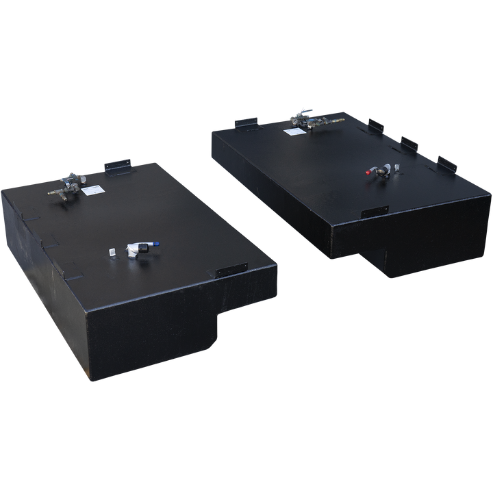The item pictured is a combination set of two 94-gallon saddle fuel tanks, designed as direct OEM-style replacements for the 2003 Pursuit 2670 model. These tanks are intended to be installed as a pair, one on the port side and one on the starboard side of the boat's stringers, for a total fuel capacity of 188 gallons