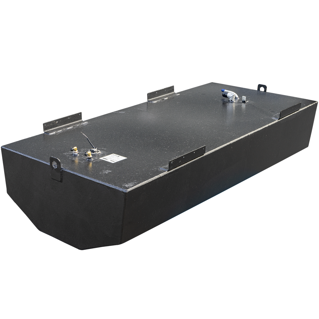 A long, rectangular boat fuel tank with a black coating, viewed from a high three-quarter angle against a checkered background. The front bottom edge of the tank is angled in a V-shape to fit a boat's hull. A heavy-duty mounting bracket is centered on the front face, and smaller mounting tabs line the top edges. The top surface features a fuel sending unit with a white label near the front, and a separate fuel fitting at the far end