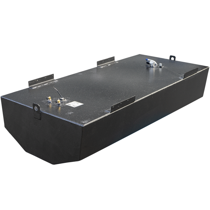 A long, rectangular boat fuel tank with a black coating, viewed from a high three-quarter angle against a checkered background. The front bottom edge of the tank is angled in a V-shape to fit a boat's hull. A heavy-duty mounting bracket is centered on the front face, and smaller mounting tabs line the top edges. The top surface features a fuel sending unit with a white label near the front, and a separate fuel fitting at the far end