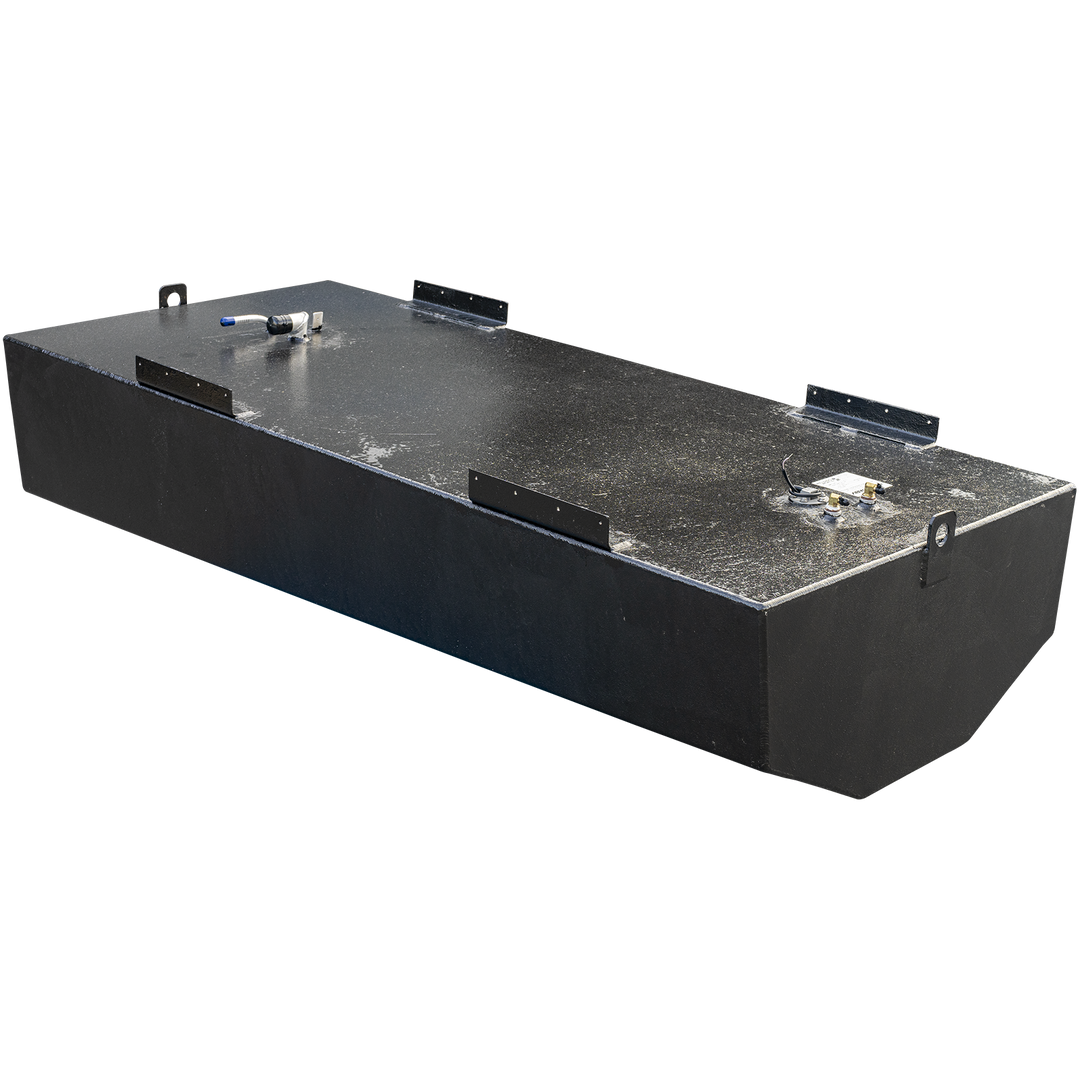 A long, black boat fuel tank with a textured coating and a rounded front bottom edge, viewed from a high three-quarter angle against a checkered background. Two heavy-duty lifting eye bolts are welded to the top front corners, and multiple flat mounting tabs line the top edges of the tank. The top surface is equipped with a fuel sending unit assembly near the front and a separate fitting with a blue cap at the rear