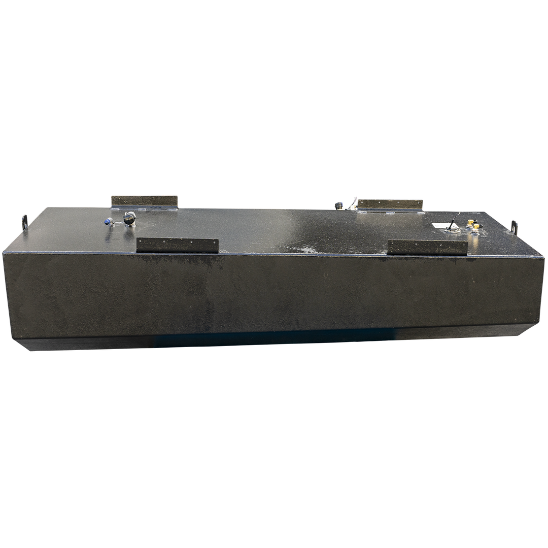 A long, black boat fuel tank with a textured coating, seen in profile against a checkered background. The tank features a distinctive stepped bottom with a recessed channel running along its length. Four large, textured mounting tabs and lifting eye bolts are visible on the top surface, along with fuel fittings at either end